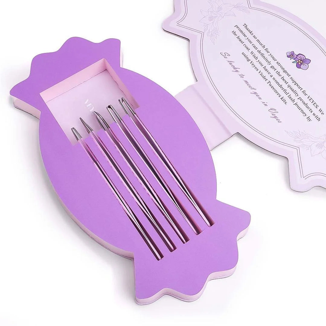 VEYES Professional Hello Kitty Eyelash Tweezers Set Black Fiber Tip Heart Shape Japanese Stainless Steel Durable Volume Pointed