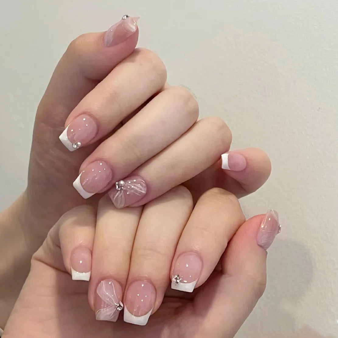 Wholesale 24pcs Premium Press-on French Tips Short Ballet Ribbon Diamond White Edge ABS Material Butterfly Design for Finger