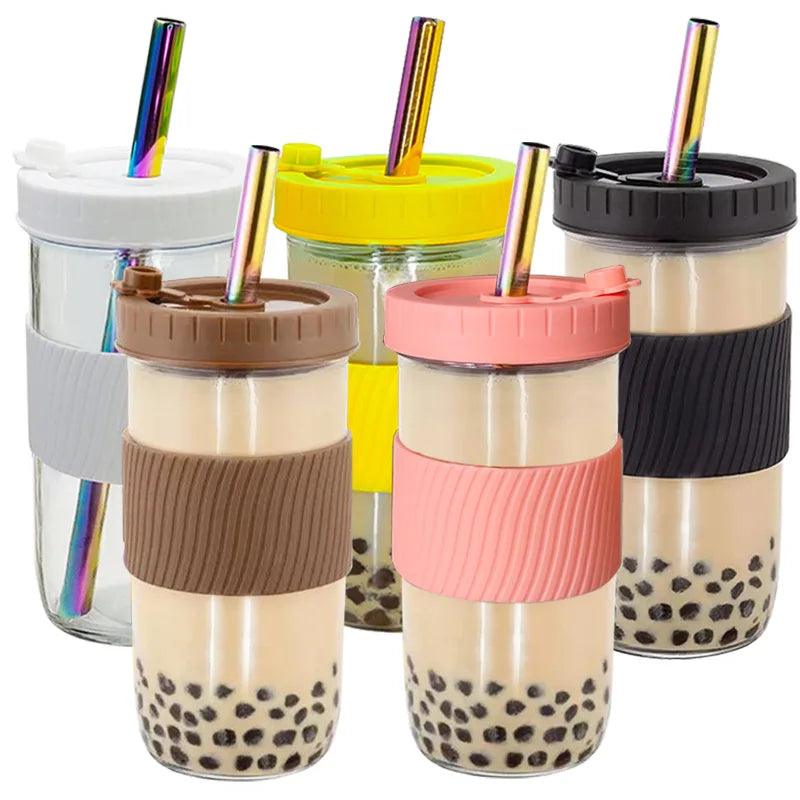 2 Pack 24oz Glass Drinking Bottle Wide Mouth Smoothie Mason Jar Set Glass Boba Bubble Tea Tumbler with Lids and Straws