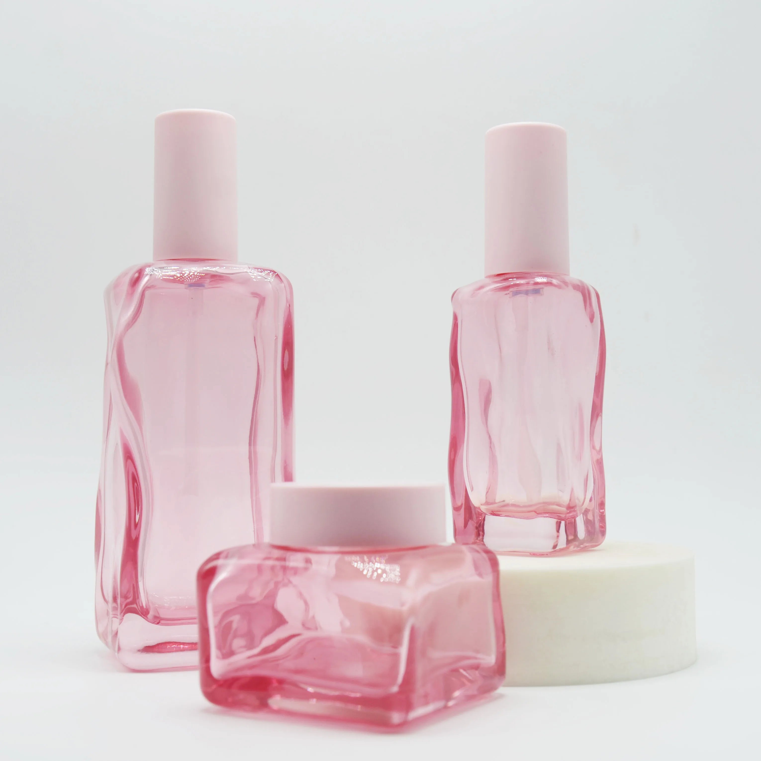 Unique Square Shape 40ml 100ml Lotion Glass Cosmetic Bottles for Skin Care Serum Cream Facial Cleanser Face Cream in Pink Color