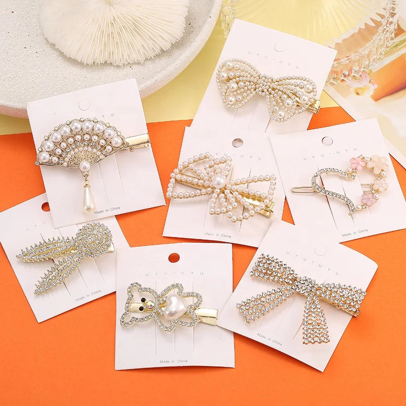 Luxury Side Clip Hairpin for Women and Girls Crystal Rhinestone Barrettes with Pearls Hair Grips and Clips