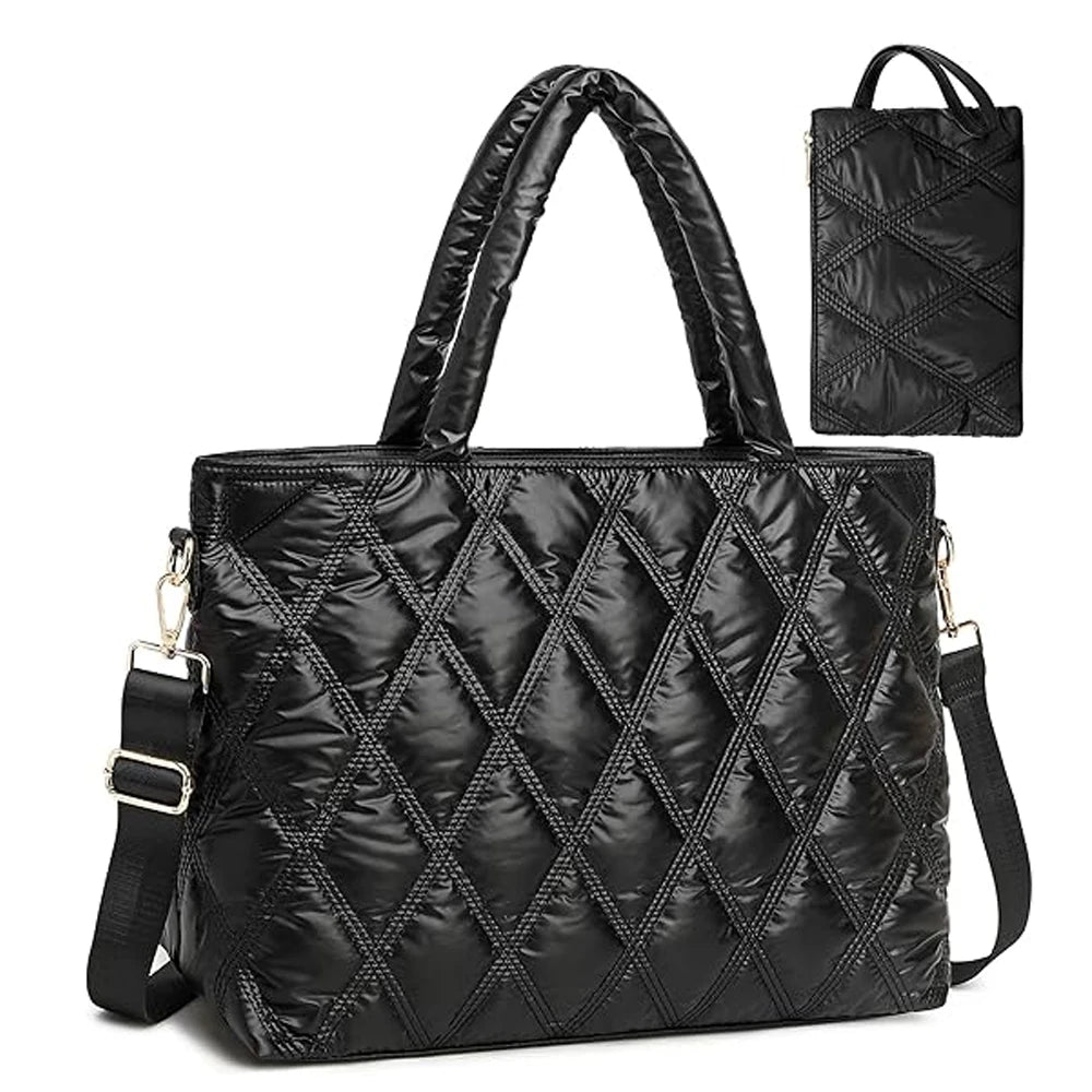 Large Quilted Puffy Fluffy Women's Ladies Black Leather Laptop Velvet Shoulder Bag Purse for Sale