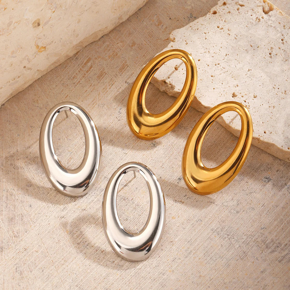 Fashionable Popular Stainless Steel Simple Style Hip Hop Hollow Thick Exaggerated Geometric Oval Stud Earrings for Women