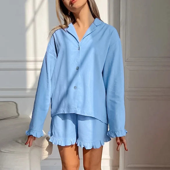 Enyami Spring Autumn Cozy Fit Pink Romantic 100% Cotton Sleepwears Cute Blouses Tops Shorts Pajamas Casual Women Co Ord Set