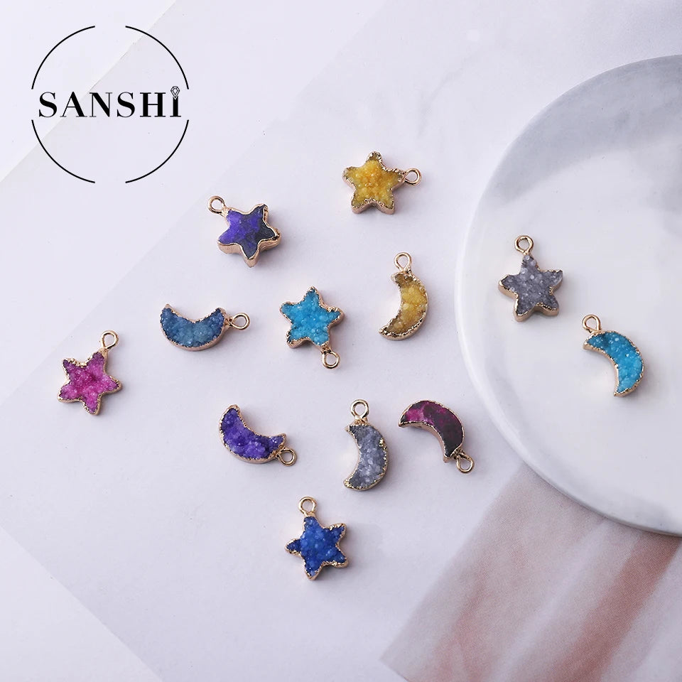 Wholesale Lovely Jewelry Gold Plated  Agate Crystal Tooth Mini Star Crystal Pendant Mini Moon Pendant