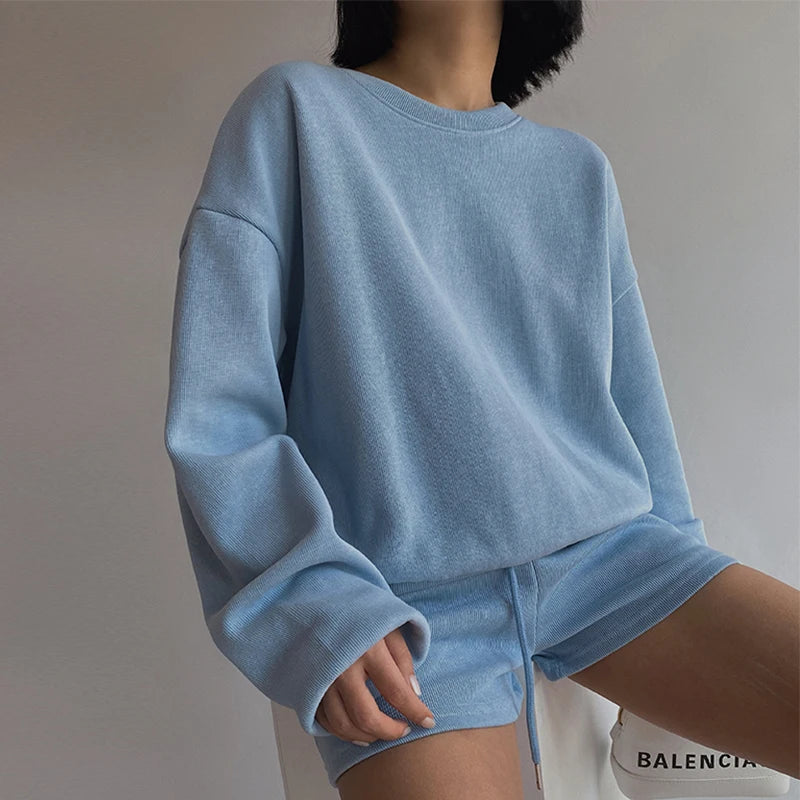 S001 2026 Spring Long Sleeve Shorts Set Custom Embroidery Logo Women Joggers Suits 2 Pieces Loungewear Women Workout Shorts Set