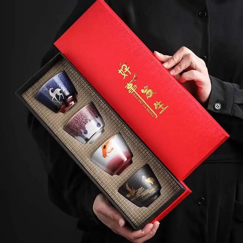 Japanese Style Handmade Kiln Baked Ceramic Cup 4 Set Master Cup Personal Cup Single  Retro TeaCup Gift Box