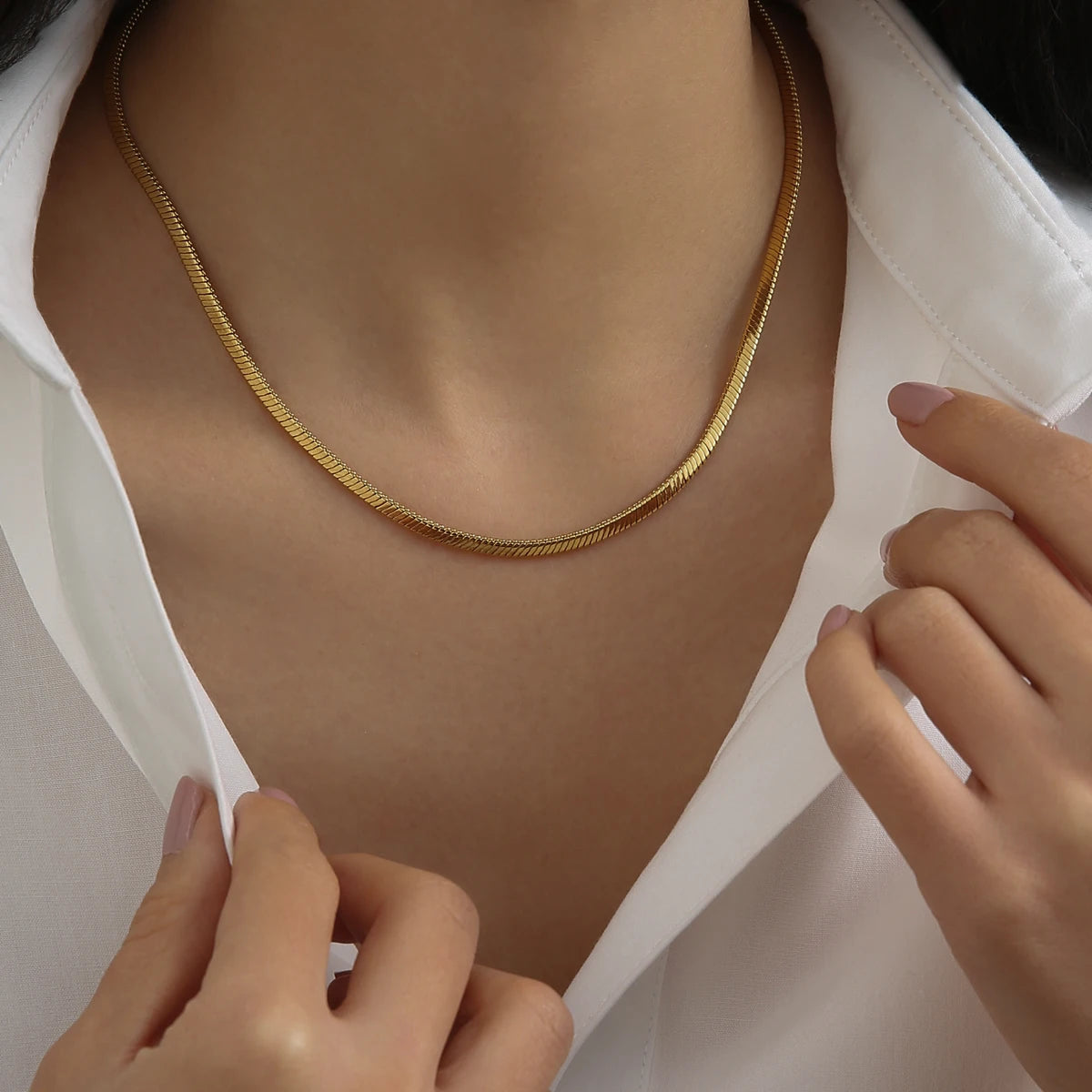 18K Gold Plated Classic Hip-hop Choker Necklace Fashion Minimalist Jewelry Flat Snake Chain for Men and Women's Party Wear