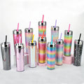 16oz Skinny Acrylic Tumblers Double Wall Gradient Glitter Drinking Water Cup with Lids and Straws