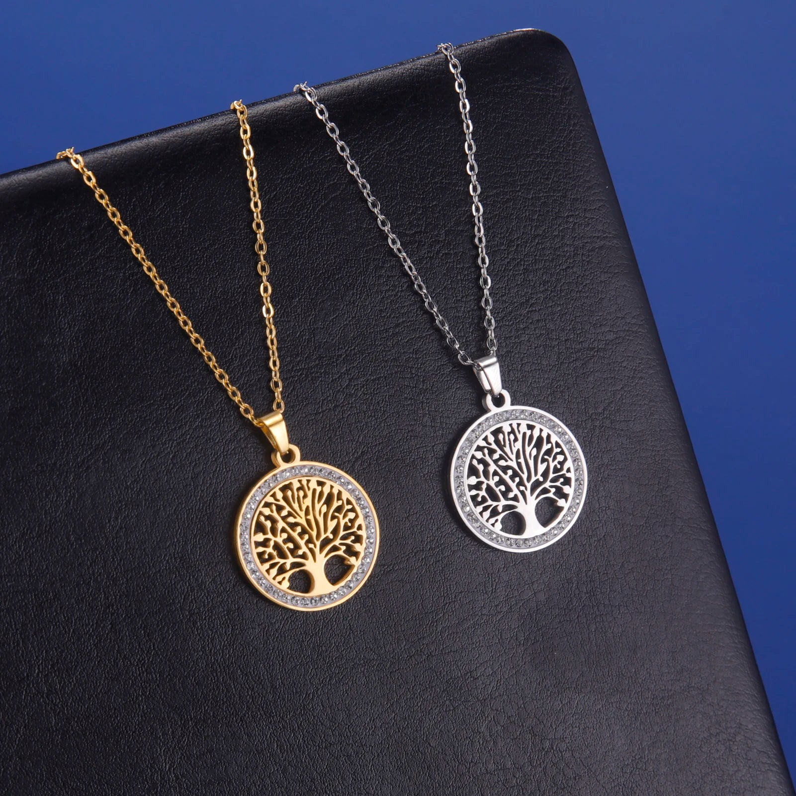 Tree of Life Necklace for Women Stainless Steel Gold Color Clear Zircon Round Pendant Neck Chains Luxury Wedding Gift