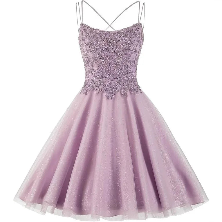 2025 Spring Summer Dress Lace Beaded Spaghetti Homecoming Dress Sparkly Tulle Pageant Short Prom Party Cocktail Gown