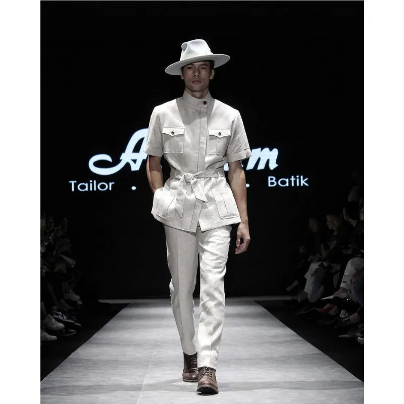 Summer Men Tuxedos Jacket Short Sleeves Stand Collar Fashion Linen Blazer 2 Pieces (Jacket+Pant) Groom Dress Prom Party Suits