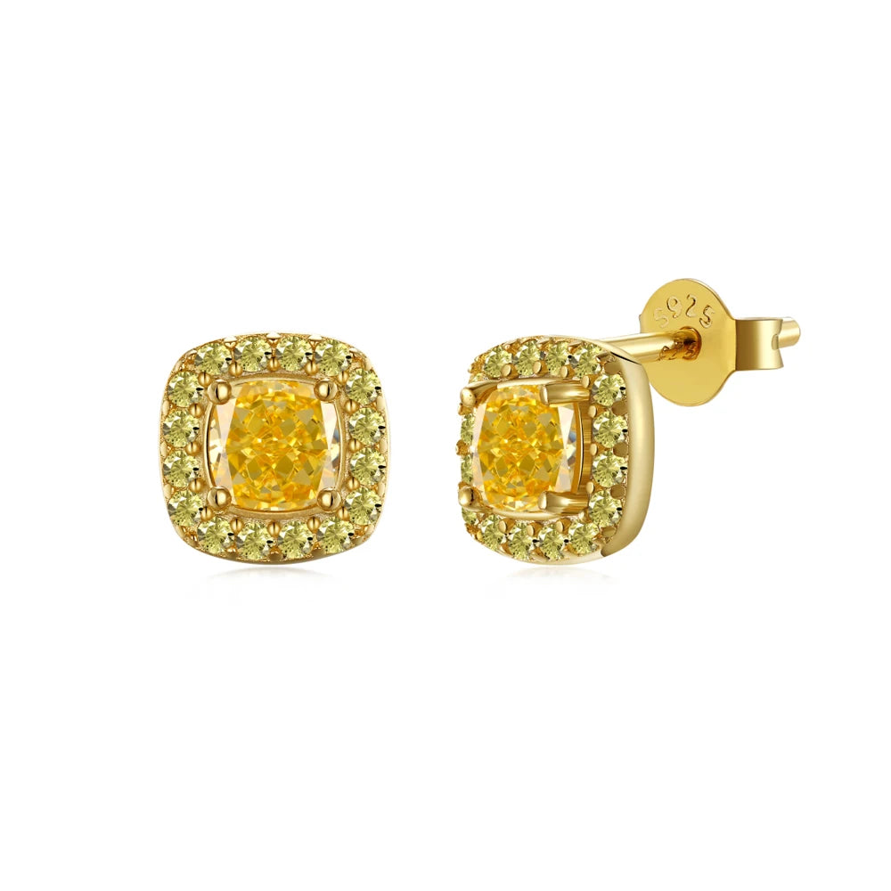 Dylam Top End 925 Sterling Silver 18K Gold Plating Women Square Radiant Cut Yellow 8A Cubic Zirconia Diamond Halo Stud Earrings