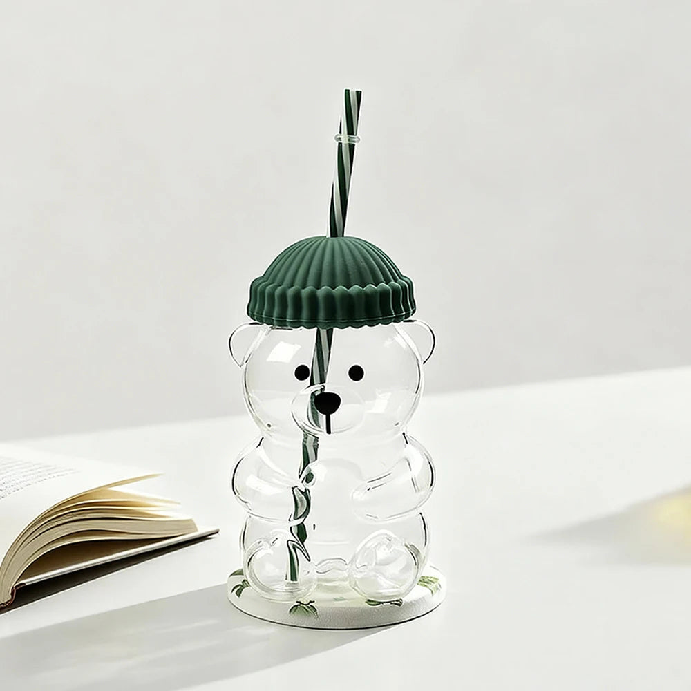 Custom Logo Barista Bear Glass With Straw Coffee Mug Beanie Lid Beverage Bottle Coffee Bear Cup