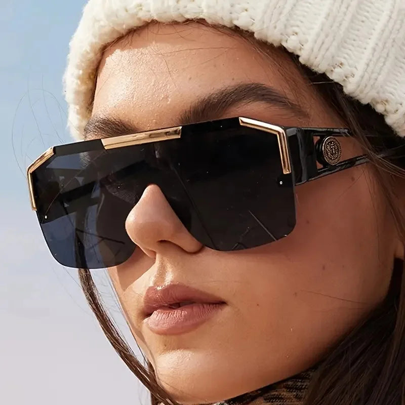 Fashion Sunglasses Women Shades Sun Glasses High Quality UV400 One Piece Square Half Frame Metal Temples Designer Sunglasses