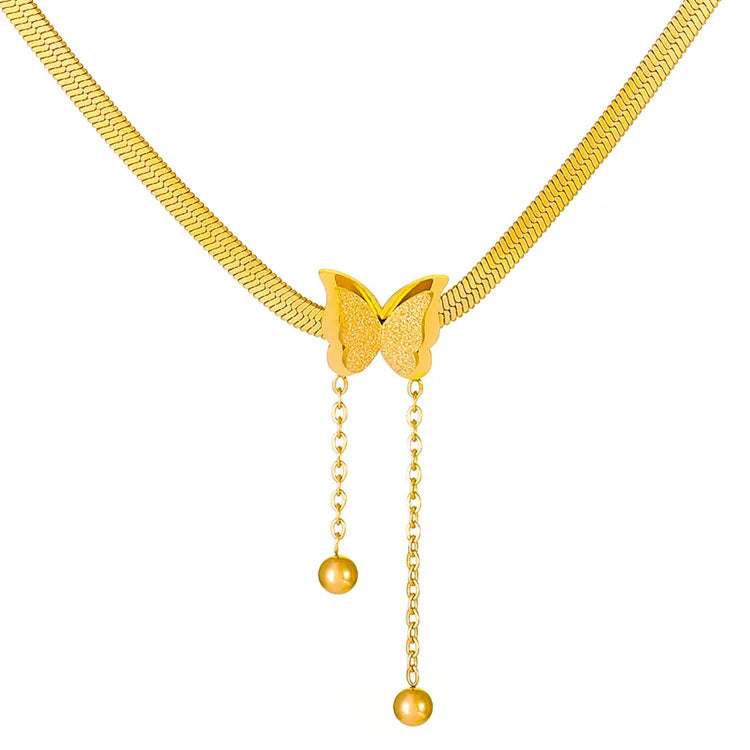 Wholesale Luxury Stainless Steel Gold Plated Snake Bone Chain Titanium Steel Butterfly Pendant Necklace