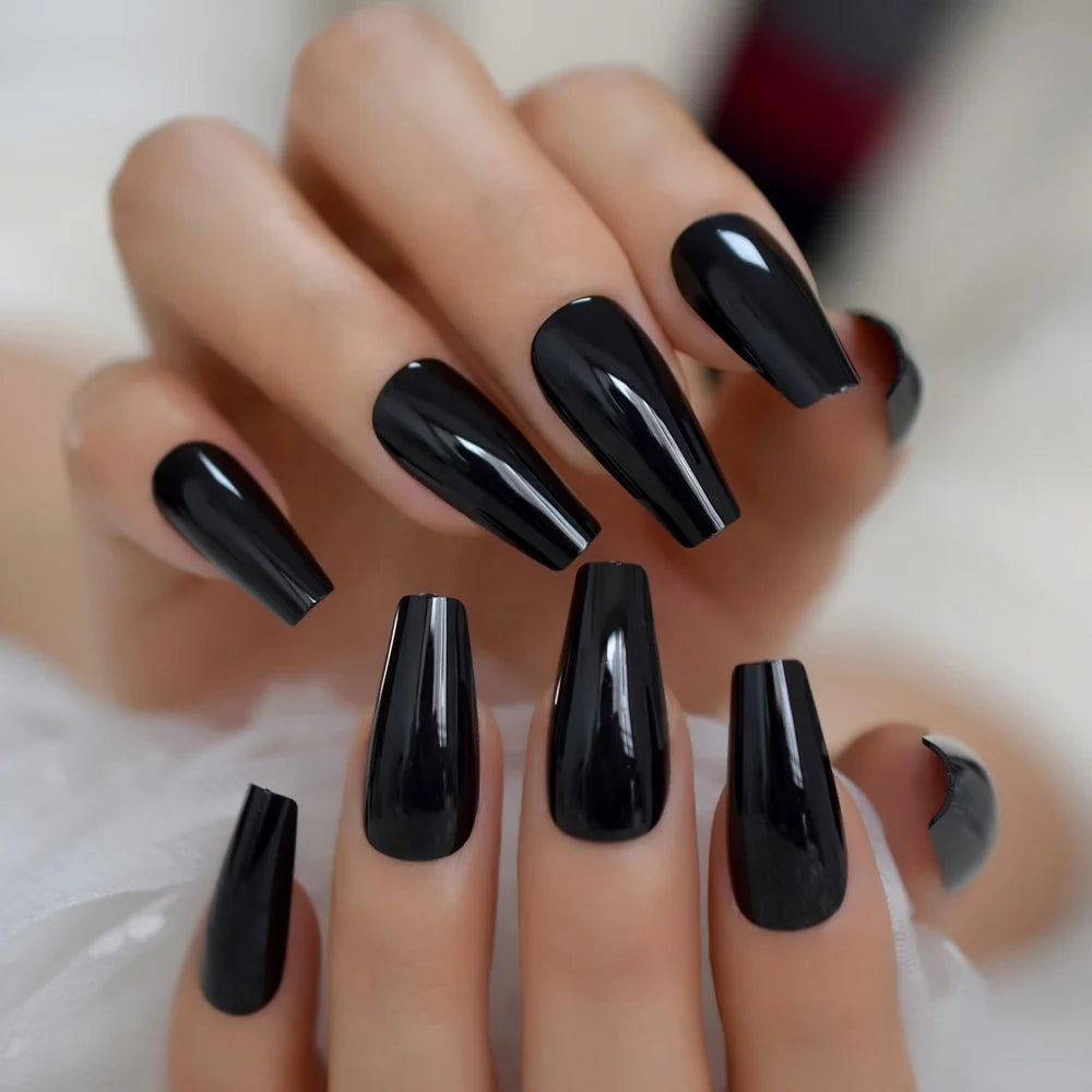 Black Shiny Pure Color Coffin Fake Nail Long Full Cover Simple Ballerina Nails Adult Nail Tips Manicure L5584 MegaBDM