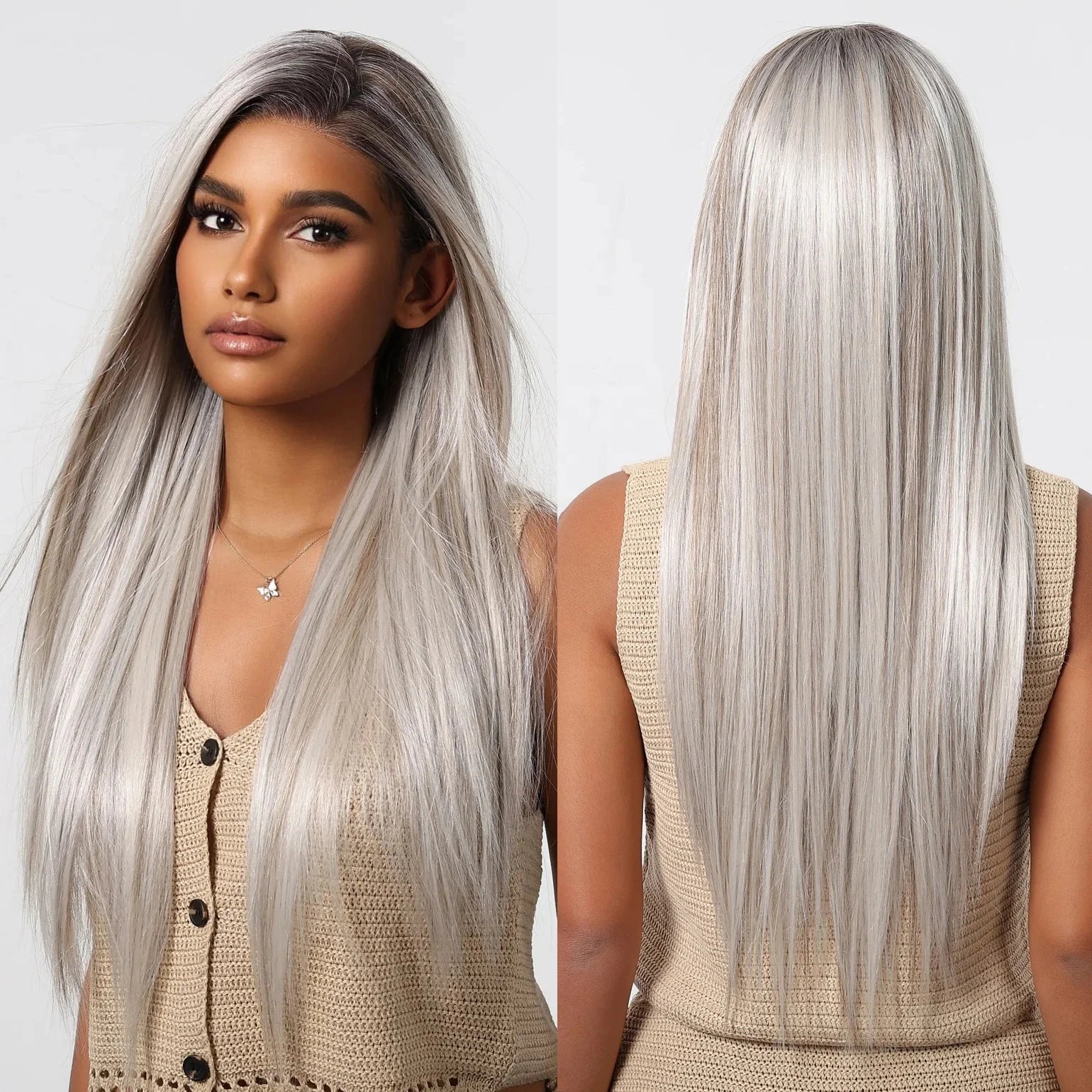 Ombre Ash Sliver Blonde Synthetic Lace Front Wigs Long Straight Lace Hair Wigs for Women 13X6 Handmade Lace Heat Resistant