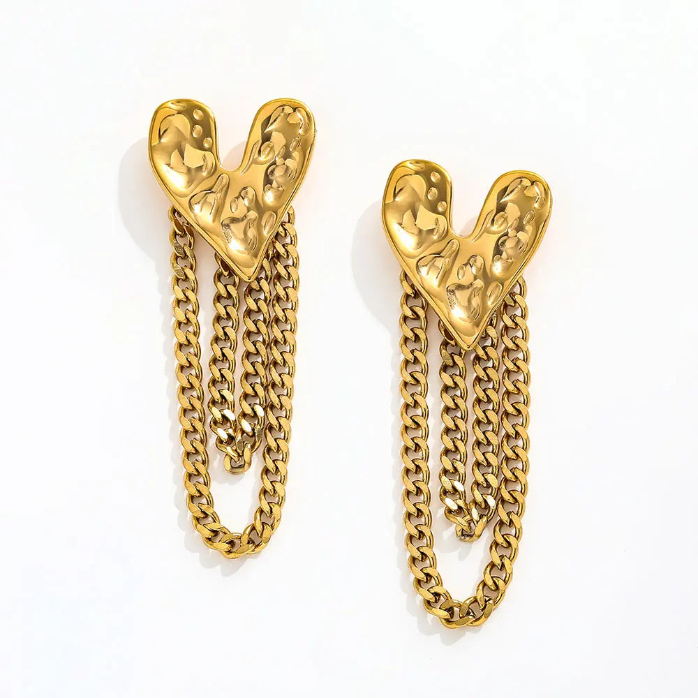 18K Gold Plated Irregular Heart Lava Chain Tassel Stud Earring for Women Stainless Steel Fashion Jewelry
