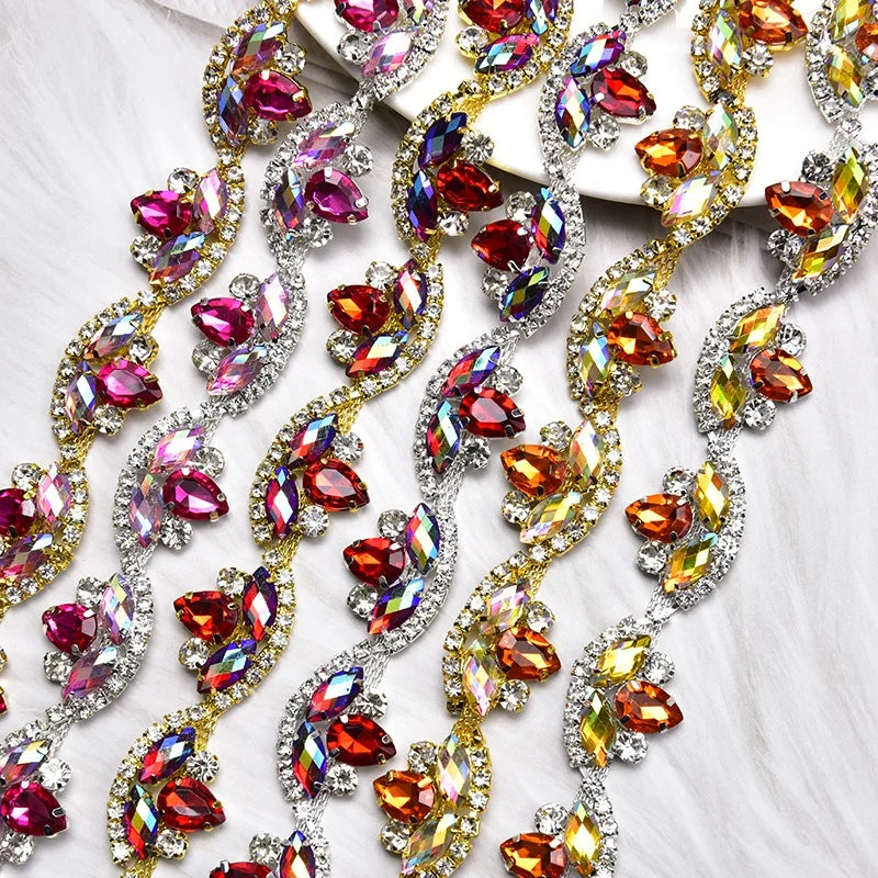 Colorful Acrylic Rhinestone Flower Chain Crystal Trim by the Yard Sew on Dress Belt Wedding Cake Garment Decoration Accessories