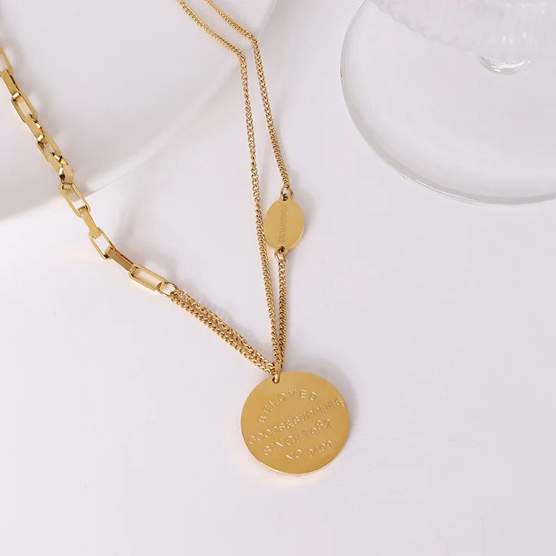 Titanium Steel Plated 18k Gold Women's Jewelry Fashion Vintage Alphabet Round Pendant Jewelry Collarbone Necklace