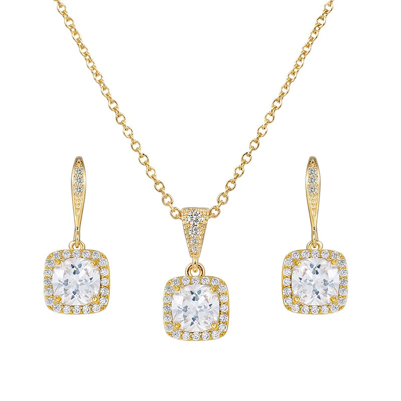 Weiman 14K Gold Plated Cushion Cut Clear CZ Necklace and Earrings Set for Wedding or Party-Bridesmaid's Jewelry