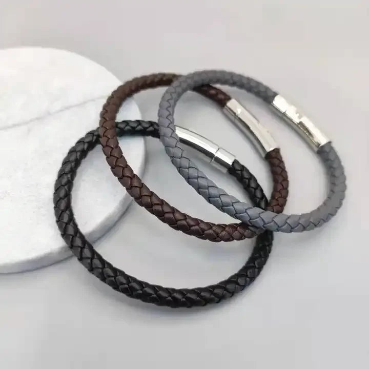 Fashion DIY Woven leather Hand rope stainless Steel magnetic buckle Men's custom engraved bracelet leather PU woven