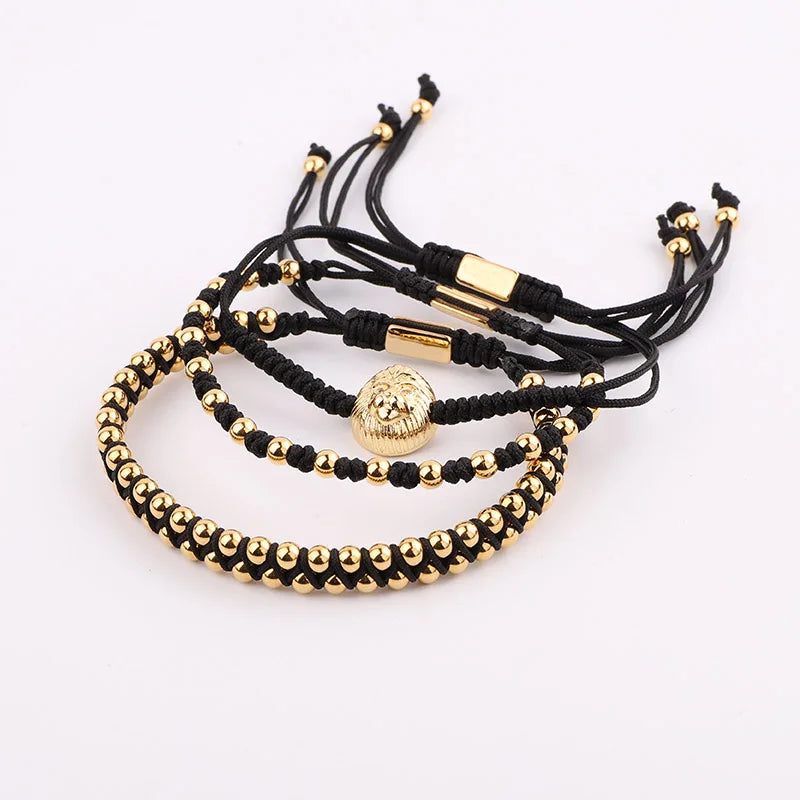 New Fashion Stainless Steel Beads Brass CZ Lion Charm Handmade Cord Woven Adjustable Macrame Bracelet Set Men Women
