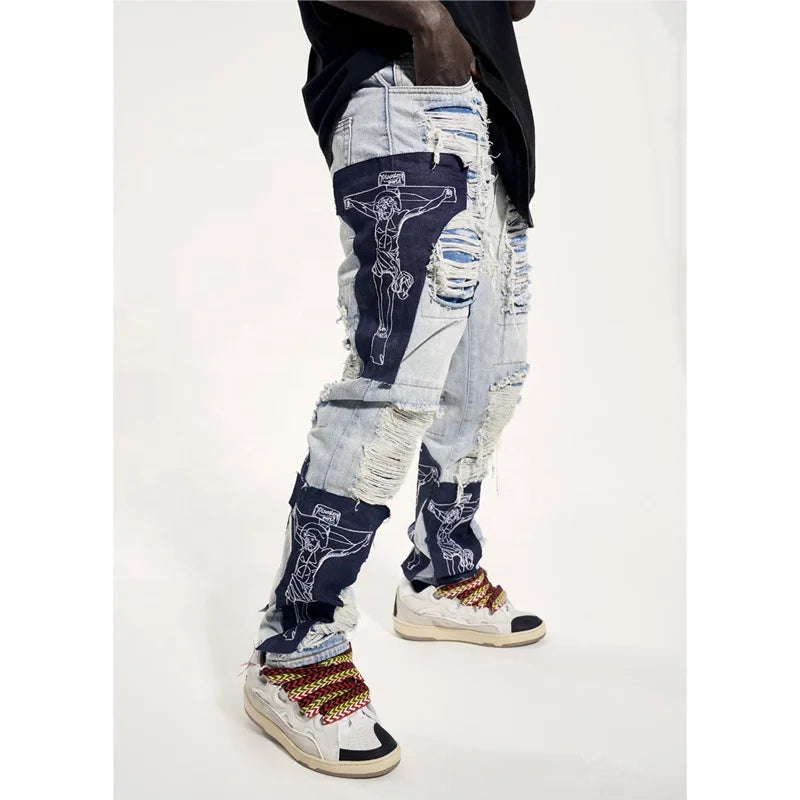 OEM FOG Private Blue Fashion Brand Drop Shipping Stock Ripped Embroidery Patches Jeans