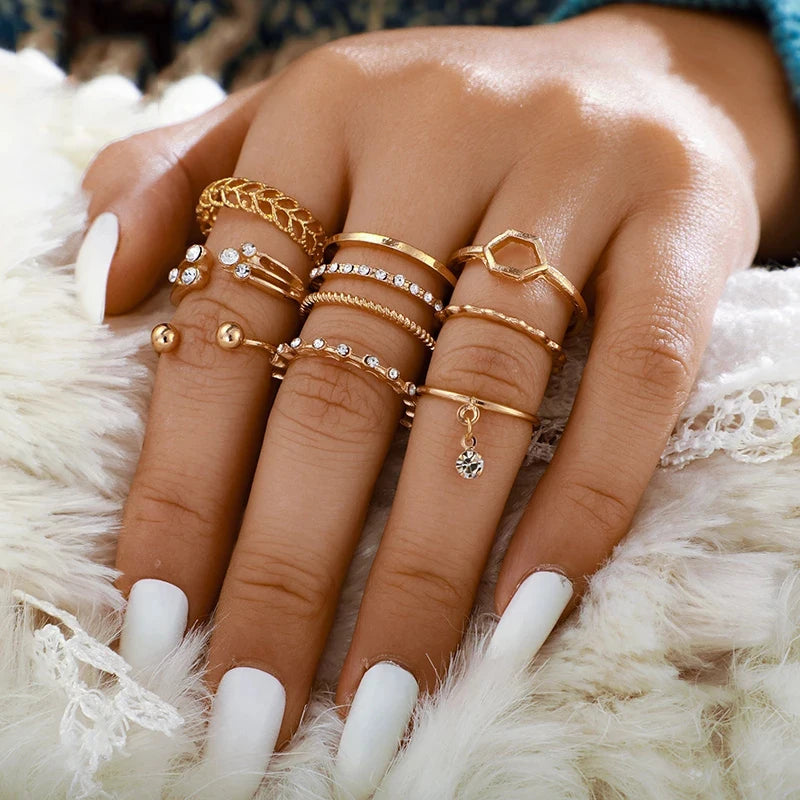 Fashion Bohemian Geometric Clear Crystal Stone Gold Chain Opening Rings Sets for Women