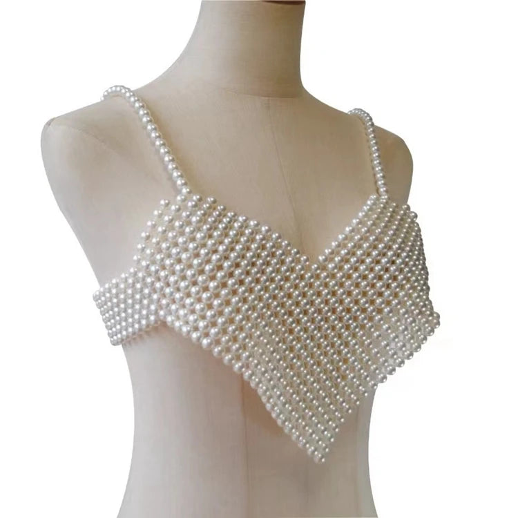 RL-133 Wholesale Fashion Women Body Jewelry Handmade Woven White Pearl Heart Vest Body Chain