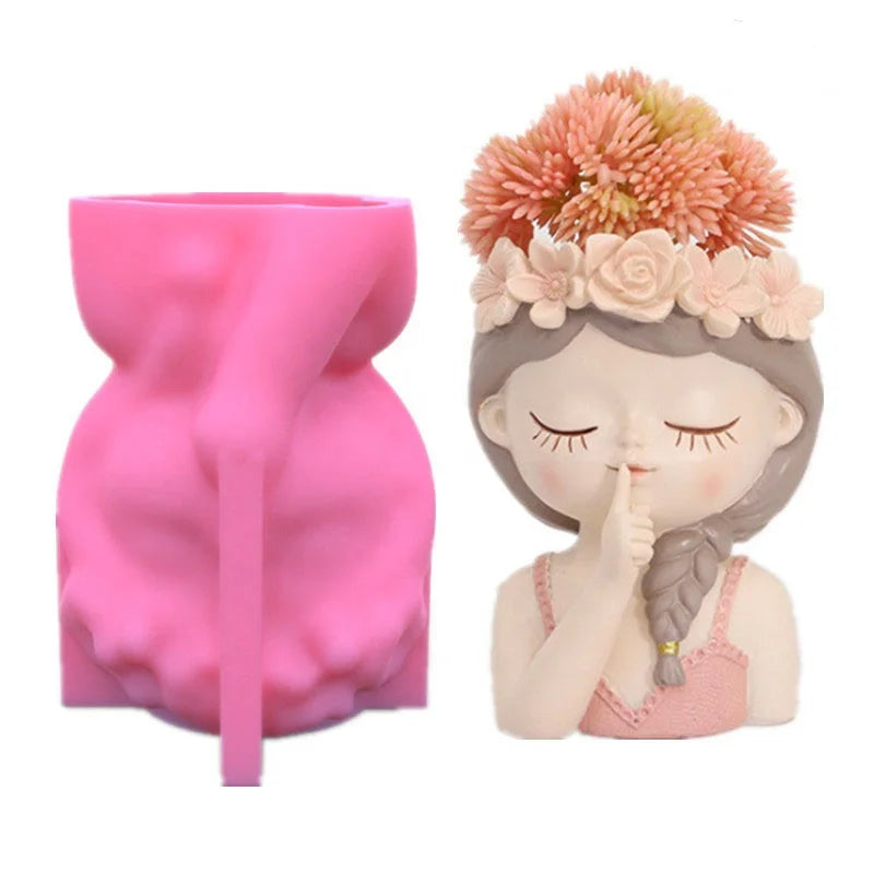E-0002 Diy Shh Gesture Girl Originality Pen Container Fleshy Flowerpot Silicone Mold Aromatherapy Candle Chocolate Cake Decorate