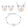 Cat Jewelry Sets Solid 925 Silver Pearl Earrings Bracelet Necklace Set
