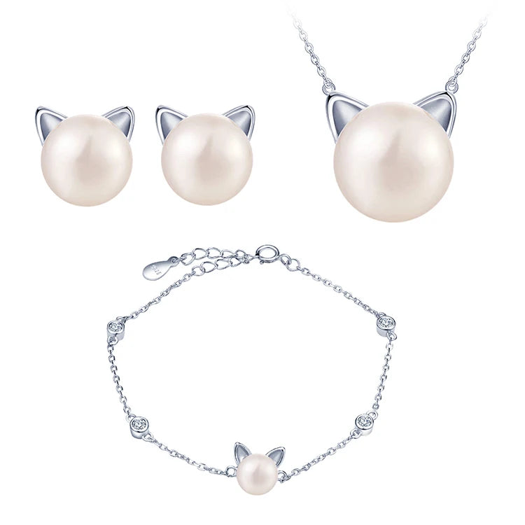 Cat Jewelry Sets Solid 925 Silver Pearl Earrings Bracelet Necklace Set