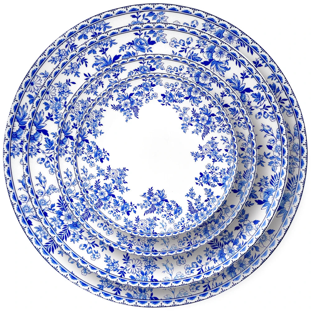 12 Inch Daily Use Blue Plant Ceramic Flat Round Charger Dish Supermarket Dinner Plates for Restaurant