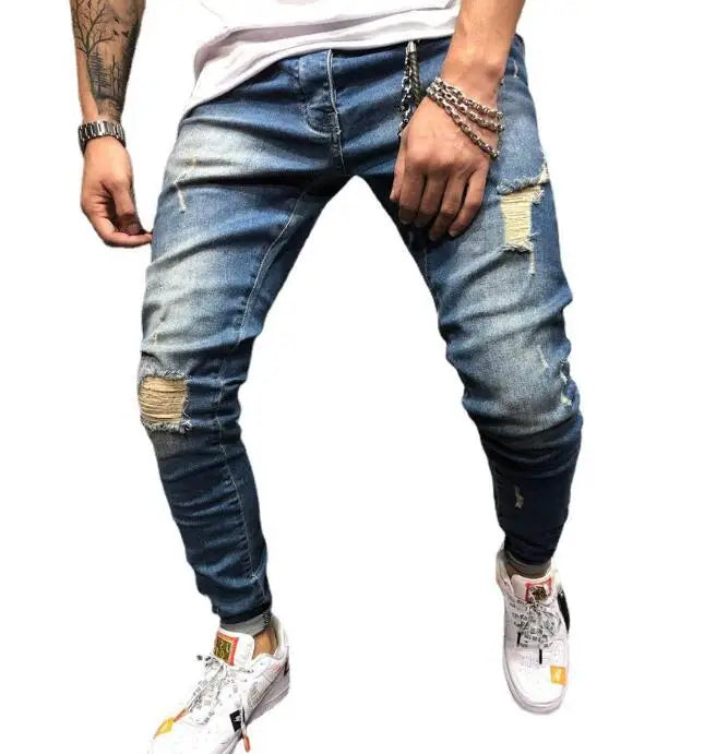 Wholesale Men's Mid Waist Casual Washed Distressed Ripped Hole Small Leg Jeans Blue Tight Skinny Denim Pants Straight Wear