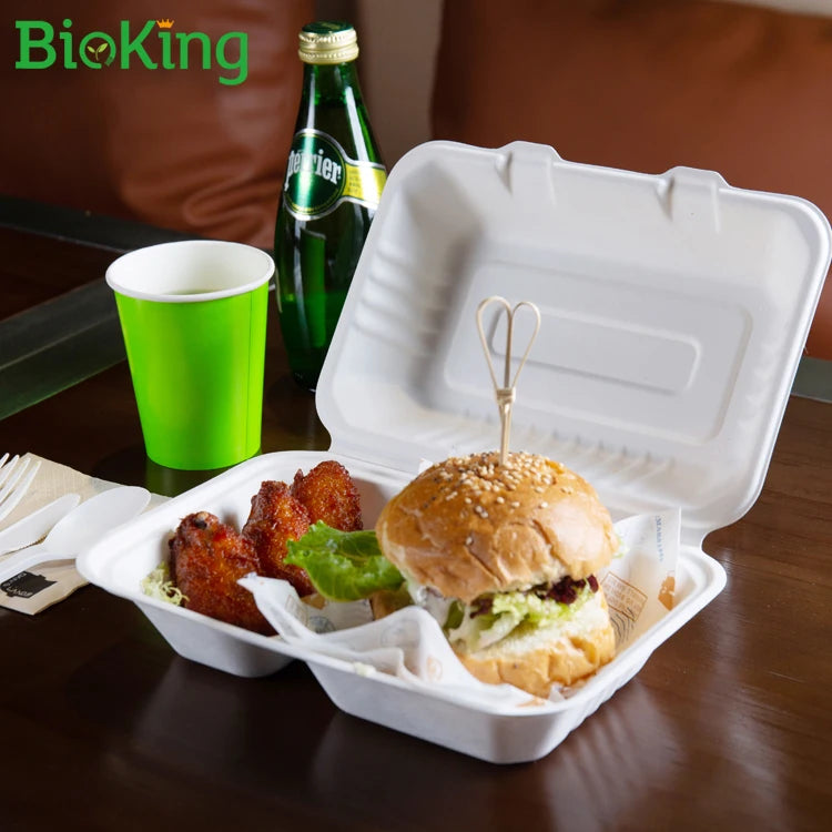 BioKing Disposable Biodegradable Dinnerware Compostable Sugar Cane Bagasse Pulp Clamshell Food Box