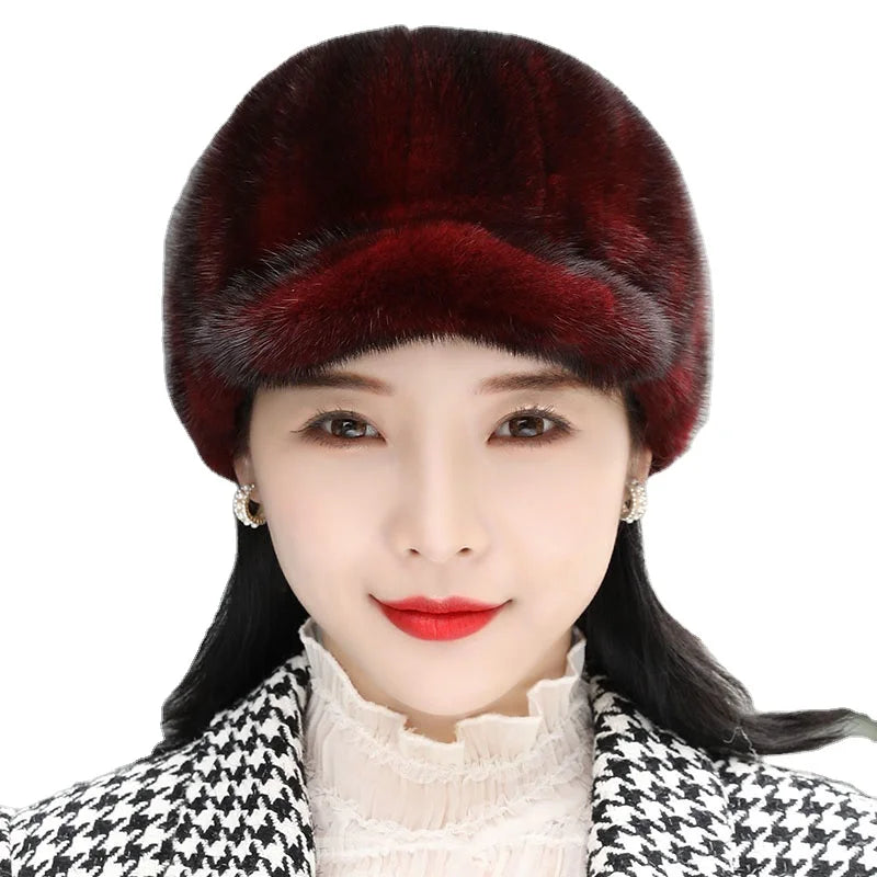 MWFur Winter Season Real Mink Fur Hat for Lady Women Peaked Genuine Mink Fur Cap Luxury Fashion Black Brown