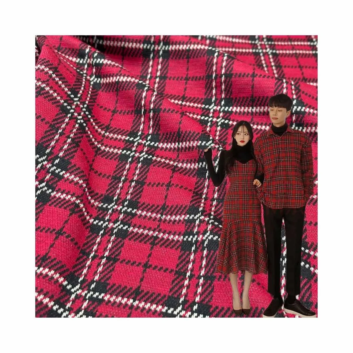 Eco-friendly 2024 Red Black Tartan Madras Plaid Check 90%Polyester 8%Rayon 2%Spandex TR Yarn Dyed Knitted Jacquard Fabric