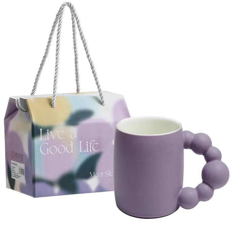 Solhui  Luxury Creative Water Cup New Design Nordic Style Pearl Cup Ceramic Coffee Fat Mug With Colored Diagonal Handle