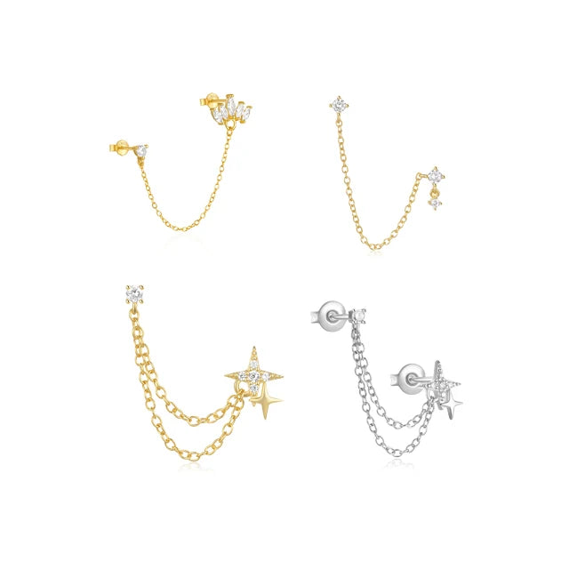 Canner Single Fashionable S925 Sterling Silver Plated 18k Gold Tassel Chain Single diamond Stud Earring