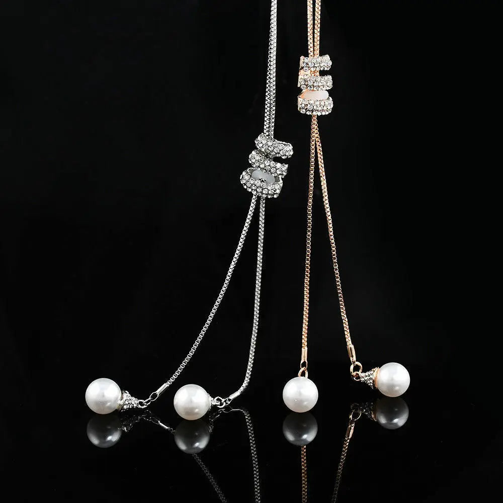 New Arrival studded Rhinestone Tassel Sweater Chain Long Simple Pearl Spiral Pendant Necklace for Female