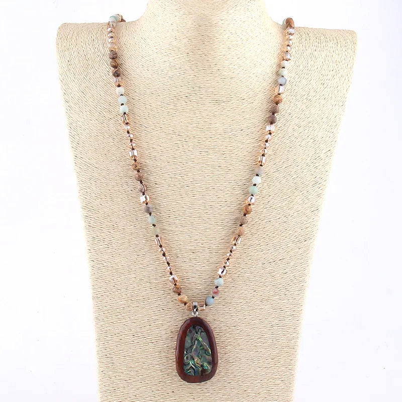 New Design BOHEMIA 6mm Amazonite Natural Stone Crystal Glass Beads Necklace Wood Sea Shell Pendant Necklace