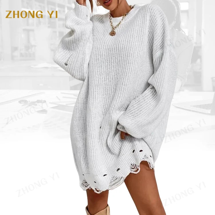 Hip Hop Loose Style Women Pullovers Drop Shoulder Ripped Distressed Sweater Dress Without Belt
