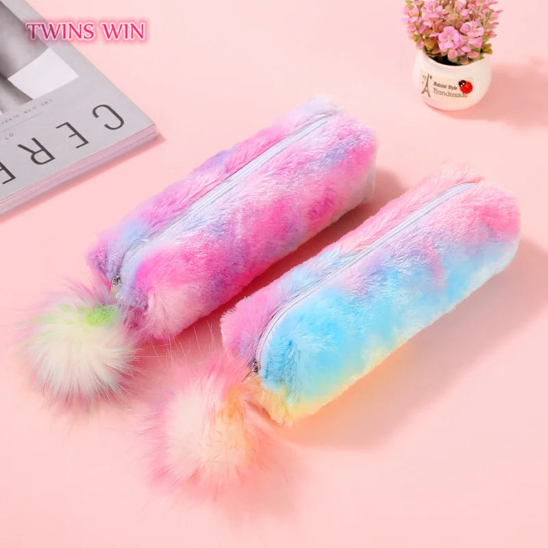 Rainbow Colored Plush Pen Bag Large Capacity Stationery Storage Bag for Student 1580
