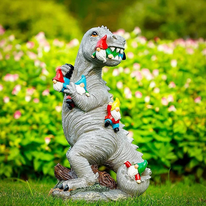 Wholesale Humorous Resin Sculpture Dinosaur Eating Gnome for Home Decoration for Garden Theme Park Novelty Gift Bulk Order