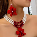 Fashion Three-layer Imitation Pearl Chain Red Flower Pendant Necklace Earrings Set Hot Sale Party Gift 2025 New Style