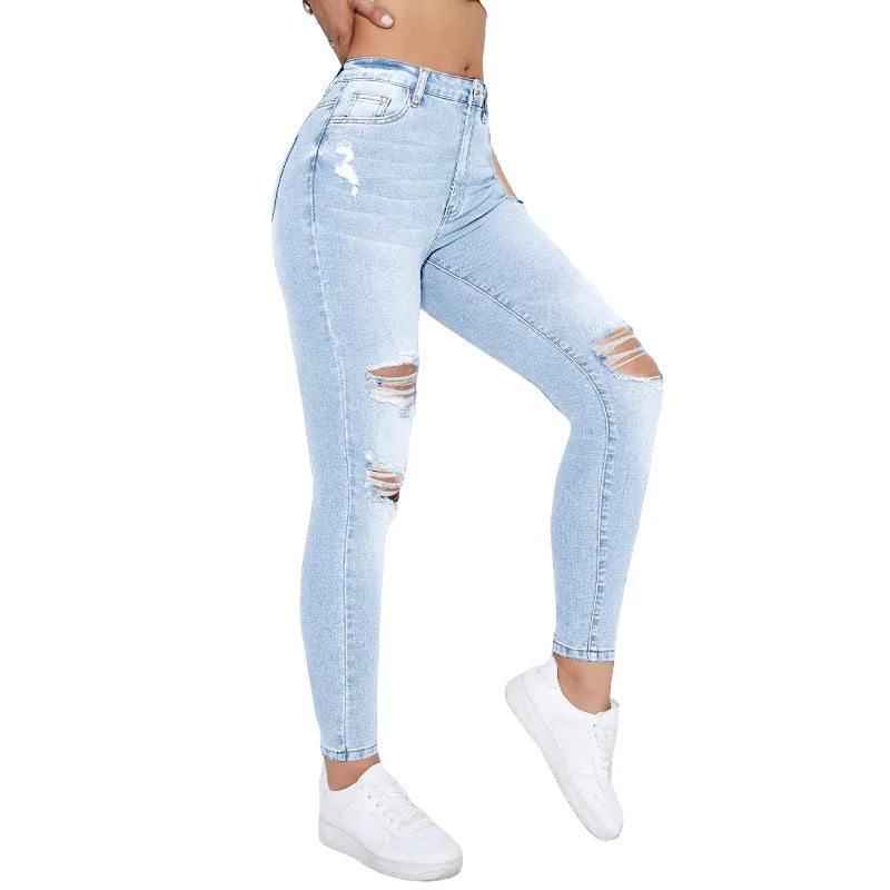Women's Casual High Waist Super Skinny Denim Jeans Washable with Ripped and Simple Fashion Element Woven Design Pantalon Femme