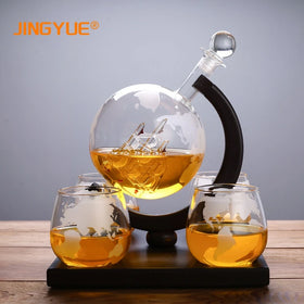 Hot Sale 850ml Hand Blown Glass Globe Whiskey Decanter Set With 4 Etched Globe Whisky Glasses for Liquor Scotch Bourbon