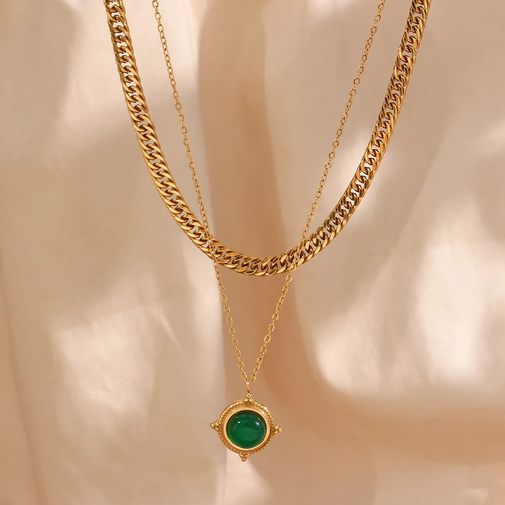 18K Gold Plated Stainless Steel Oval Pendant Necklace Fashionable Jewelry Natural Green Stone Turquoise Gemstone Wedding Gift